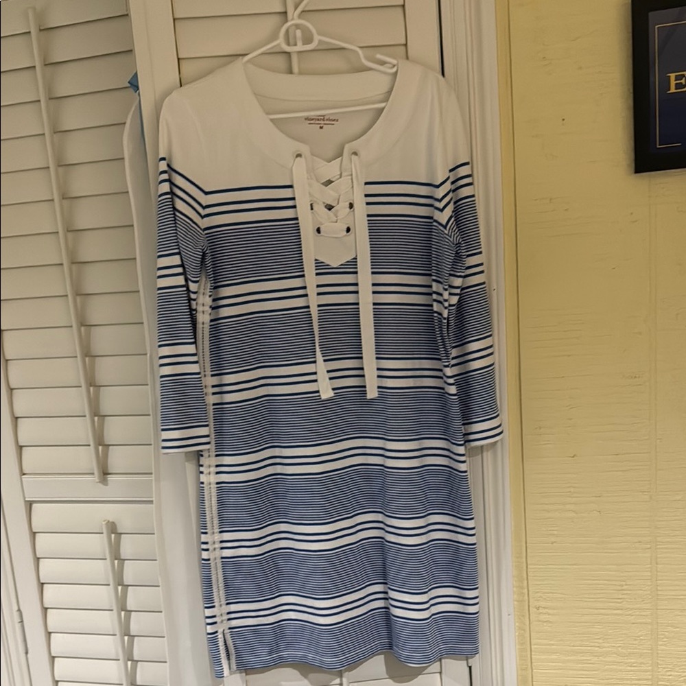 Vineyard Vine Long Sleeve Blue and White Striped Lace-Up Dress